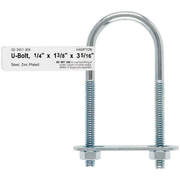 Hampton Round U-Bolt, 1/4", 1-3/8 in W, 3-3/8 in H, Zinc Plated Steel 02-3451-304 - main